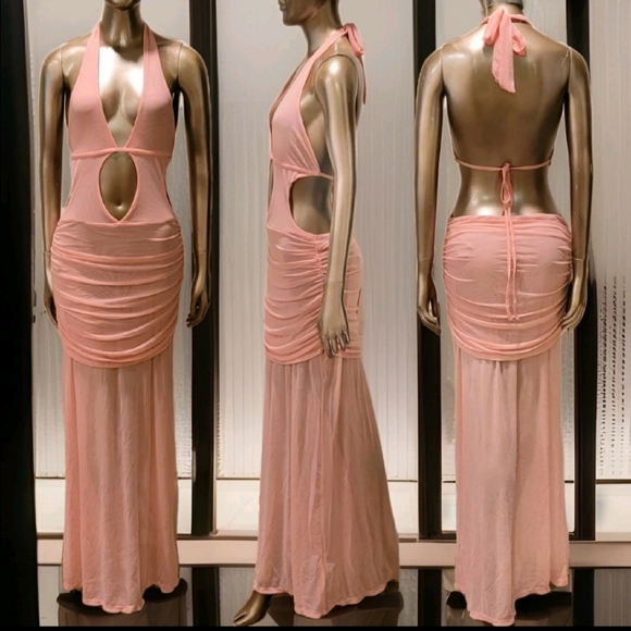 NWT Sexy Pink Halter Cut-Out Ruched Sheer Mesh Ibiza Maxi Dress Sz M - Picture 13 of 14